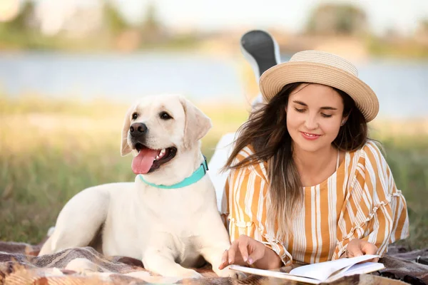 Woman Cute Labrador Reading Book Outdoors Summer Day — Stock Photo, Image