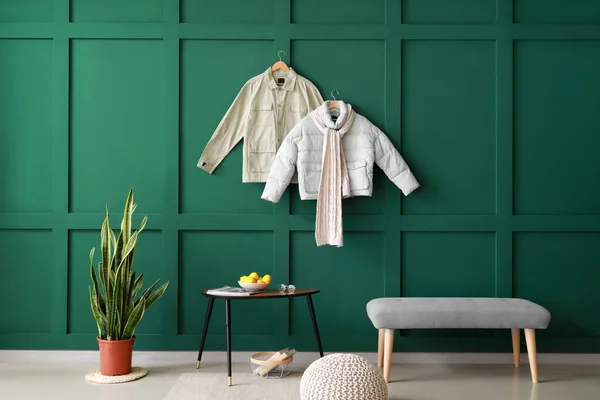 Interior Stylish Room Jackets Hanging Color Wall — Stock Photo, Image