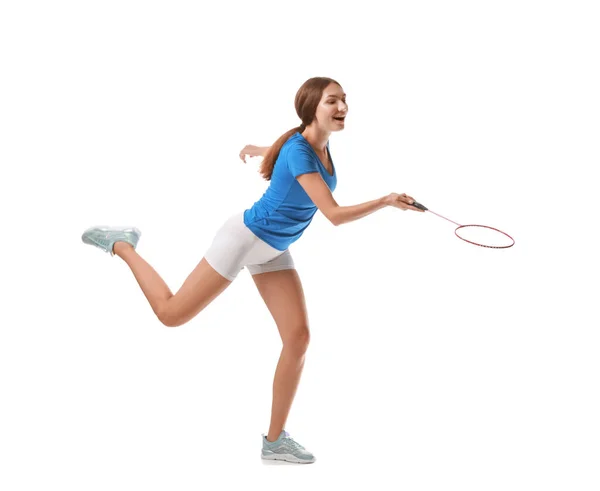 Giocatore Badminton Femminile Sportivo Sfondo Bianco — Foto Stock