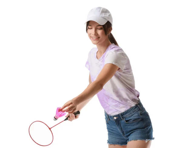 白种人背景的女羽毛球运动员 — 图库照片