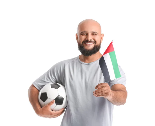 Hombre Con Pelota Bandera Emiratos Árabes Unidos Sobre Fondo Blanco —  Fotos de Stock