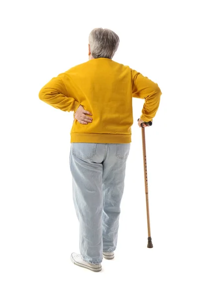 Donna Anziana Con Bastone Passeggio Che Soffre Mal Schiena Sfondo — Foto Stock