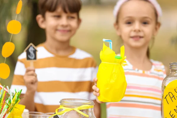 可爱的孩子在公园里卖柠檬水 — 图库照片