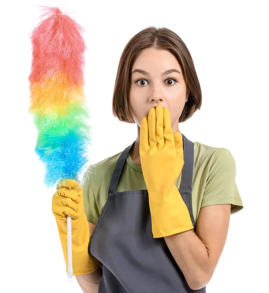 Surprised Young Woman Duster White Background — 스톡 사진