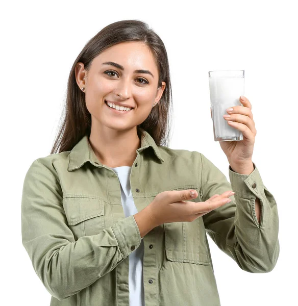 Ung Kvinna Med Glas Ekologisk Mjölk Vit Bakgrund — Stockfoto
