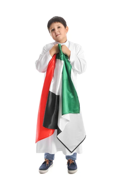 Söt Liten Pojke Med Nationell Flagga Förenade Arabemiraten Vit Bakgrund — Stockfoto