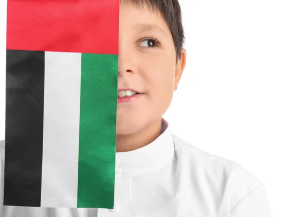 Söt Liten Pojke Med Nationell Flagga Förenade Arabemiraten Vit Bakgrund — Stockfoto