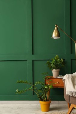 Yeşil duvarın yanında modern lamba ve bitkiler