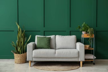 Yeşil duvarın yanında rahat bir kanepe ve bitkiler.