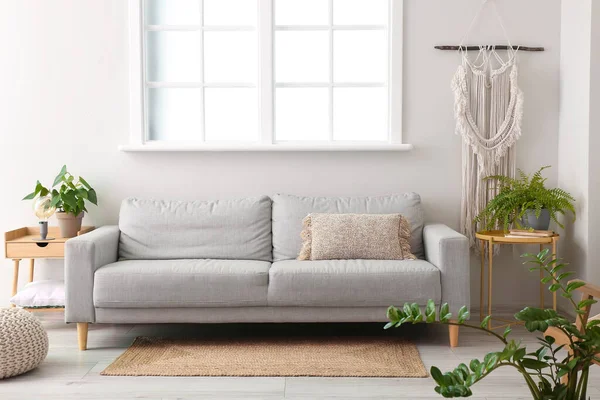 Rahat kanepe ve çiçekleri olan modern oturma odası.