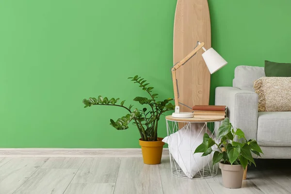 Comfortable Sofa Surfboard Houseplants Modern Lamp Green Wall — Stock Photo, Image
