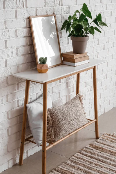 Beautiful Houseplant Blank Frame Table White Brick Wall — Stock Photo, Image