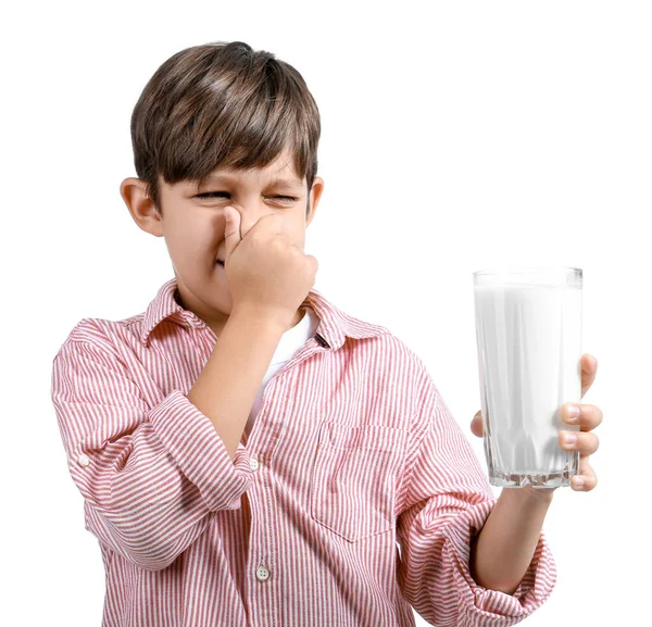 Menino Com Intolerância Lactose Fundo Branco — Fotografia de Stock