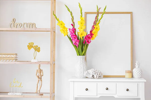 Vase Beautiful Gladiolus Flowers Blank Poster Chest Drawers White Wall — Stock Photo, Image