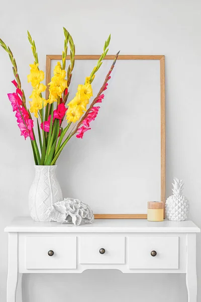 Vase Beautiful Gladiolus Flowers Blank Poster Chest Drawers White Wall — ストック写真