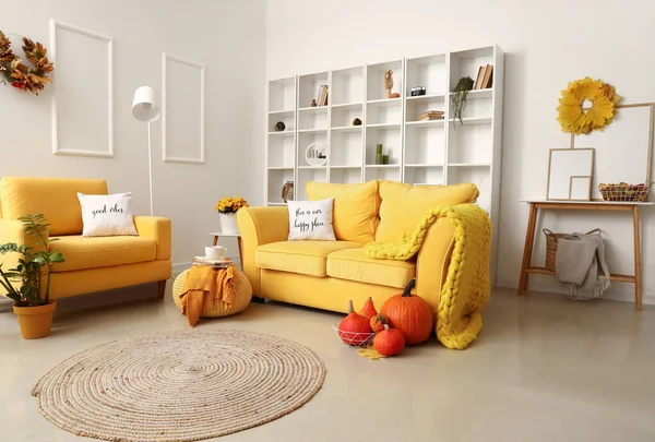 Interior Moderna Sala Estar Com Confortáveis Sofás Abóboras — Fotografia de Stock