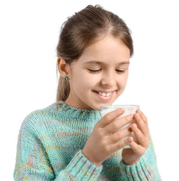Kleines Mädchen Mit Glas Milch Isoliert Auf Weiß — Stockfoto