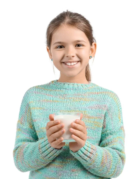 Niña Con Vaso Leche Aislado Blanco — Foto de Stock