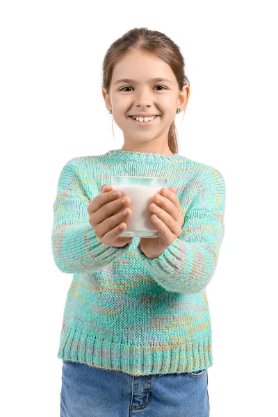 Little Girl Glass Milk Isolated White — Stock Photo, Image