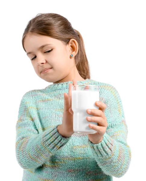Menina Com Intolerância Lactose Fundo Branco — Fotografia de Stock