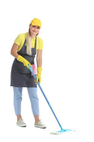 Worker Cleaning Service Mop White Background — Stock Photo, Image