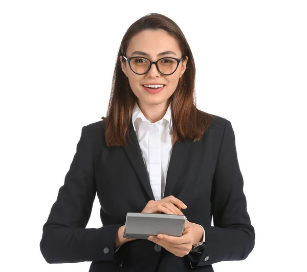 Mooie Zakenvrouw Met Rekenmachine Witte Achtergrond — Stockfoto