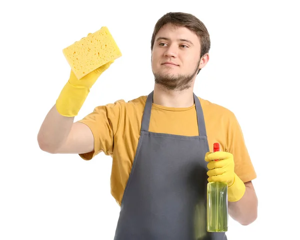 Young Man Sponge Detergent White Background — ストック写真