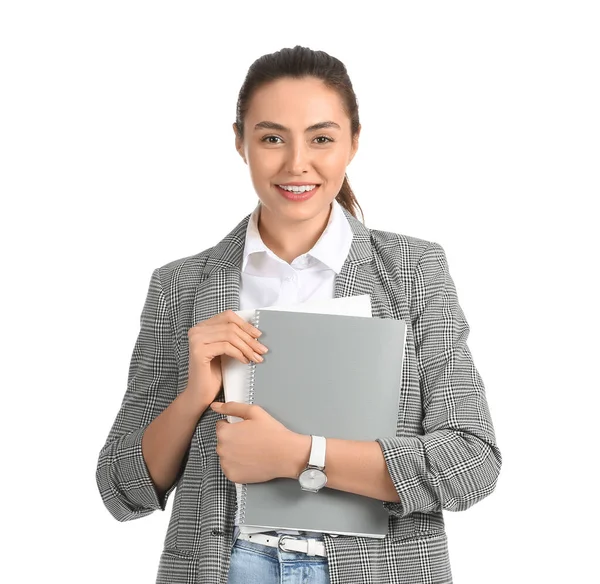 Mulher Negócios Bonita Com Pastas Fundo Branco — Fotografia de Stock