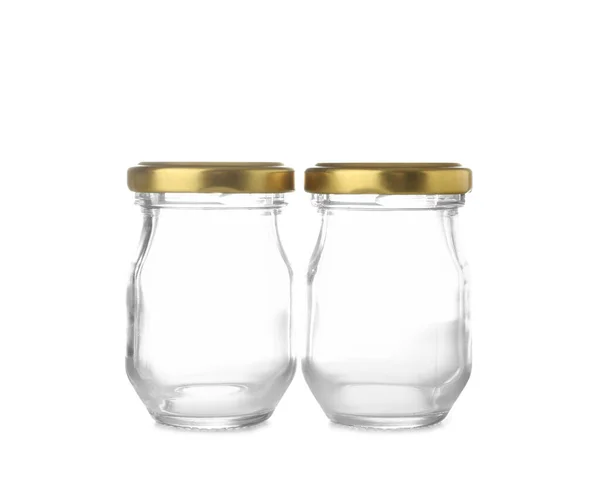 Empty Glass Jars Golden Caps White Background — Stock Photo, Image