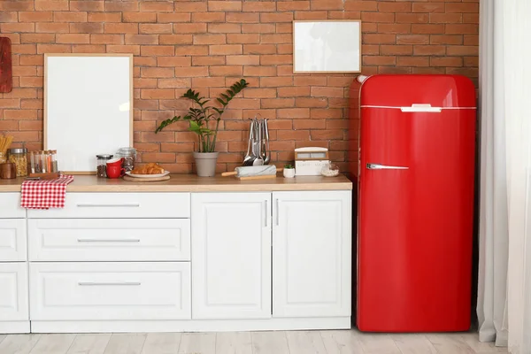 Stylish Refrigerator Counter Brick Wall Kitchen — Stock Photo, Image
