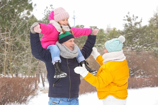 Menina Com Seus Avós Divertindo Dia Inverno Nevado — Fotografia de Stock