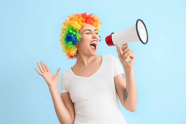 Funny Young Woman Colorful Wig Megaphone Blue Background April Fools — Stock Photo, Image