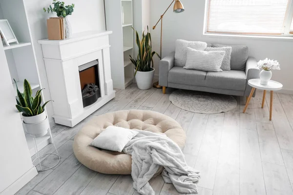 Stylish Interior Living Room Pouf Sofa Fireplace White Wall — Stock Photo, Image