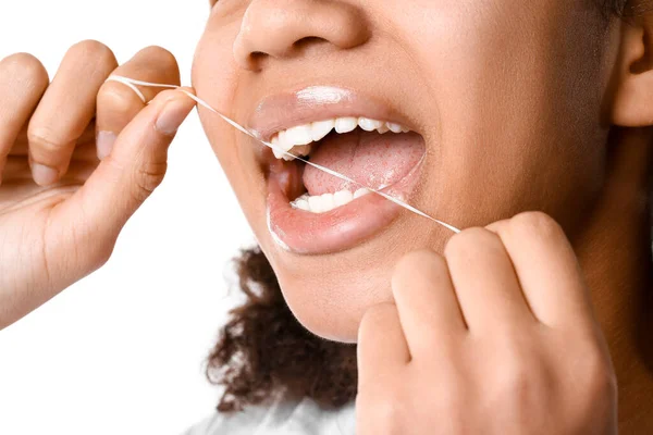 African American Teenage Girl Flossing Teeth White Background Closeup — Stock Photo, Image