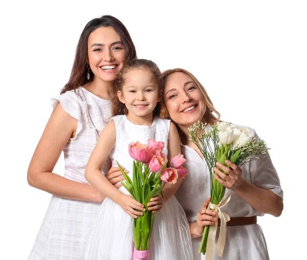 年轻女人 她的小女儿和白种人背景的母亲 国际妇女节庆祝活动 — 图库照片