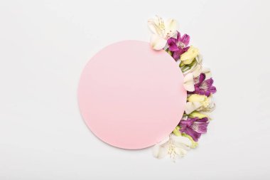 Beyaz arkaplanda izole edilmiş, boş kart ve güzel çiçeklerle kompozisyon