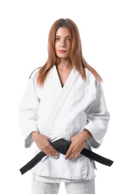 Beyaz arka planda kadın karate eğitmeni