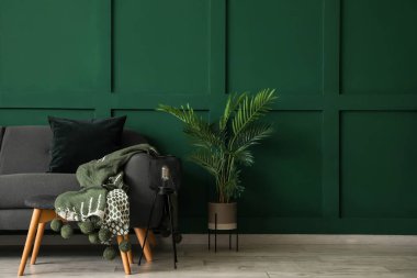 Şık oturma odasının içinde kanepe, kanepe ve standart lamba var.