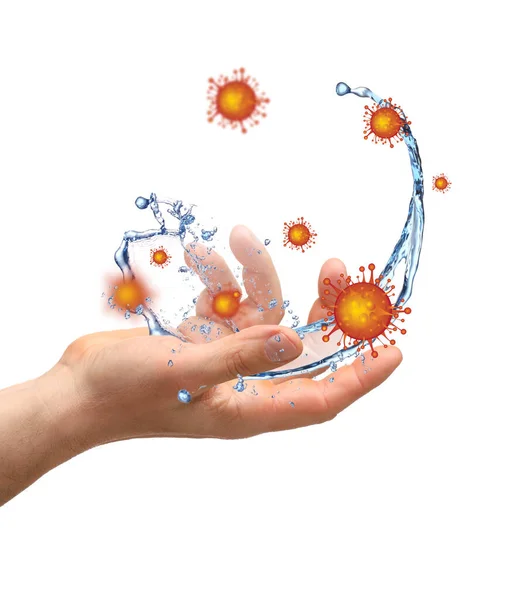 Männliche Hand Und Wasserspritzer Auf Weißem Hintergrund Hände Waschen Coronavirus — Stockfoto