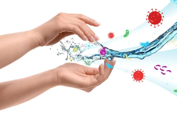 Female Hands Splash Water Germs White Background Concept Washing Hands — Stock Photo, Image