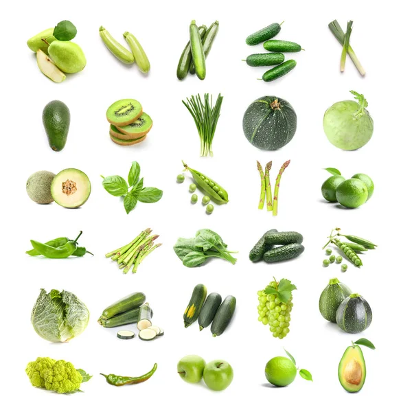 Conjunto Diferentes Frutas Verduras Verdes Aisladas Blanco —  Fotos de Stock