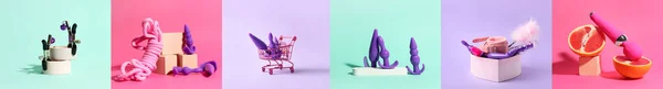 Colagem Com Diferentes Brinquedos Sexuais Fundo Colorido — Fotografia de Stock