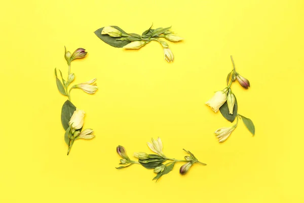 Frame Made Beautiful Eustoma Flowers Yellow Background — Stock Photo, Image
