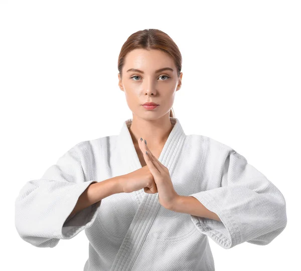 Junge Frau Praktiziert Karate Auf Weißem Hintergrund — Stockfoto