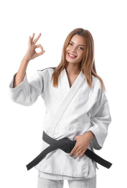 Weibliche Karate Trainerin Zeigt Auf Weißem Hintergrund — Stockfoto