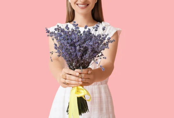Beautiful Young Woman Bouquet Lavender Color Background — Stock Photo, Image