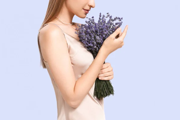 Beautiful Young Woman Bouquet Lavender Light Background — Stock Photo, Image