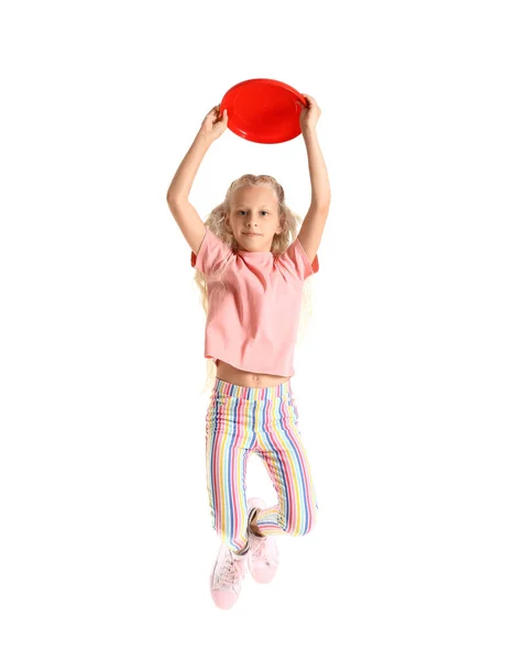 Engraçado Menina Jogando Frisbee Fundo Branco — Fotografia de Stock