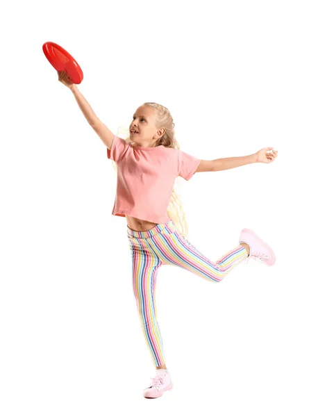 Engraçado Menina Jogando Frisbee Fundo Branco — Fotografia de Stock