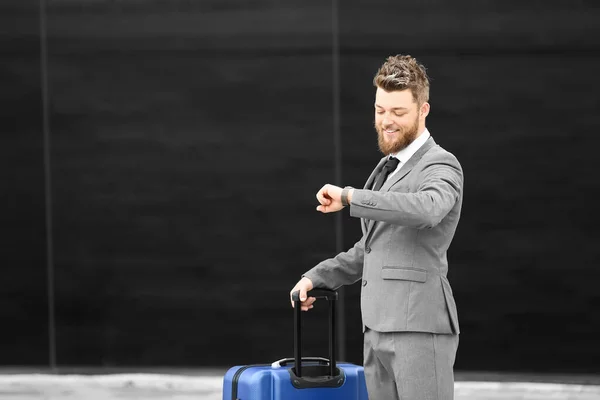 Young Businessman Blue Suitcase Looking Wristwatch Outdoors — Stock Photo, Image